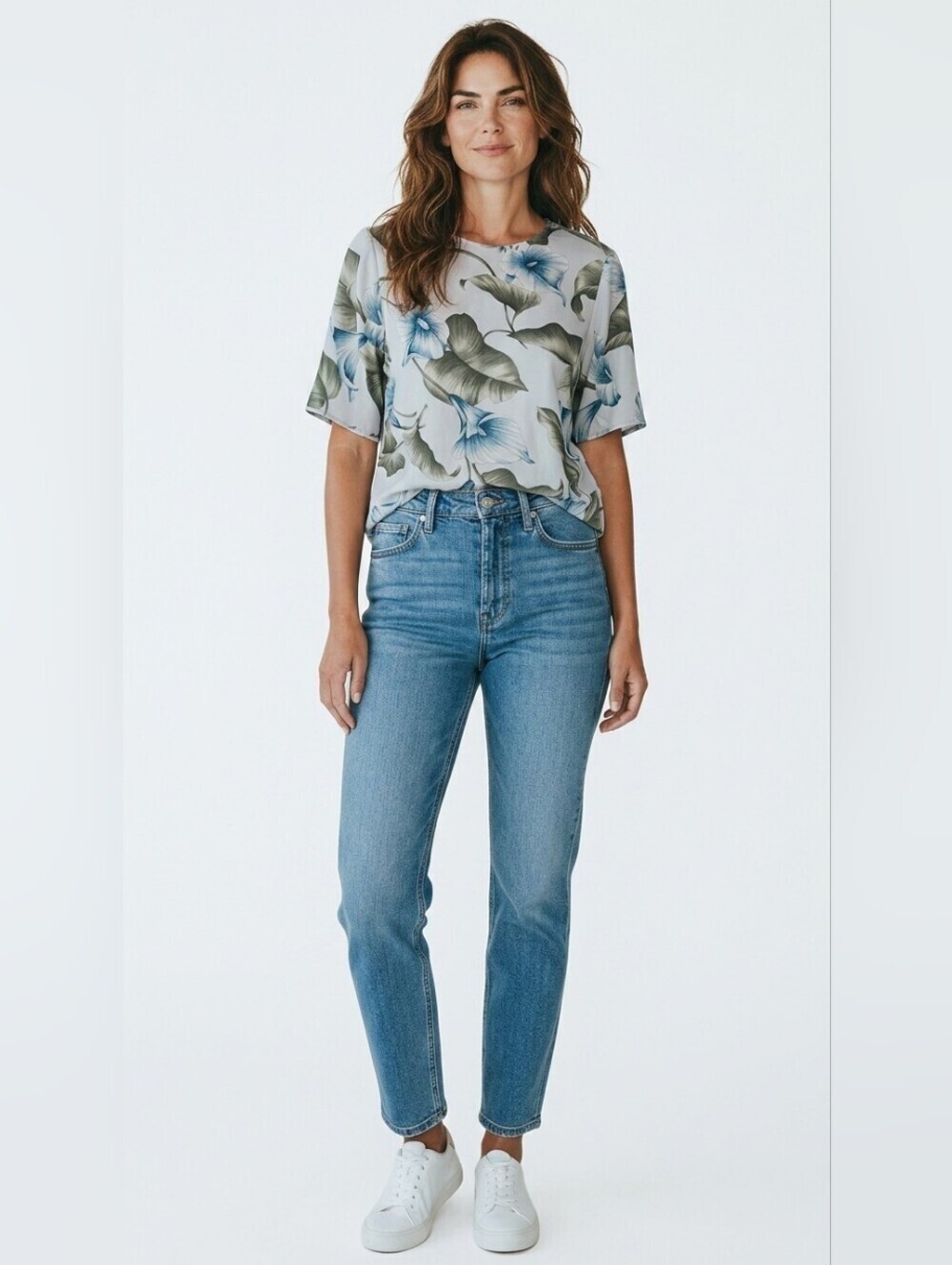 Blue and Green Short Sleeve Blouse with Watercolor Floral Design